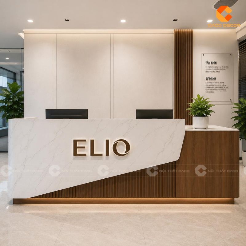 Mẫu quầy lễ tân hiện đại có logo cho doanh nghiệp