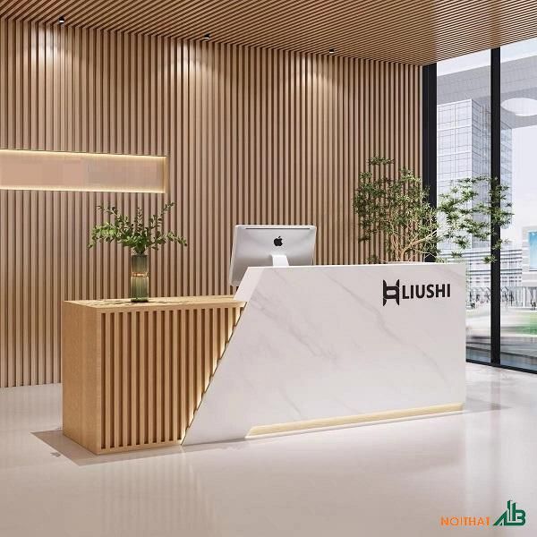 Hình ảnh quầy lễ tân gỗ MDF cao cấp, thiết kế sang trọng