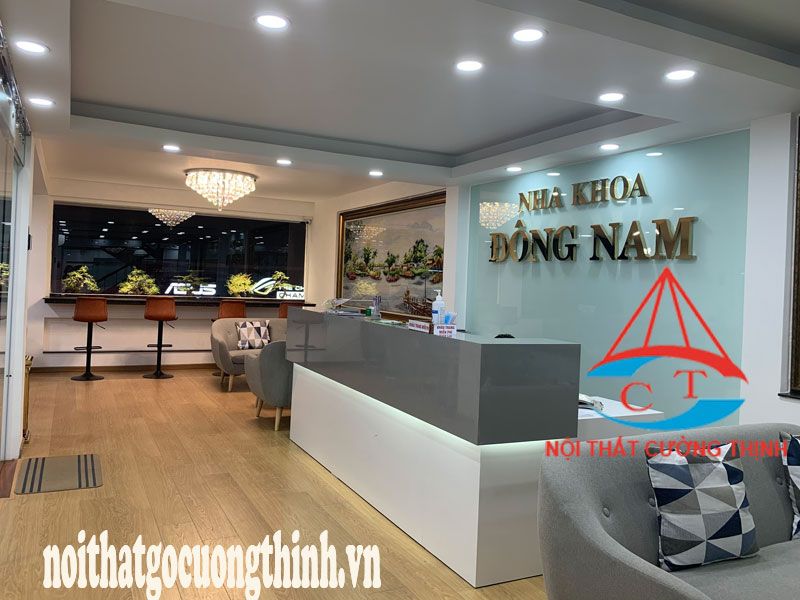 Quầy lễ tân đẹp gỗ laminate màu xám trắng