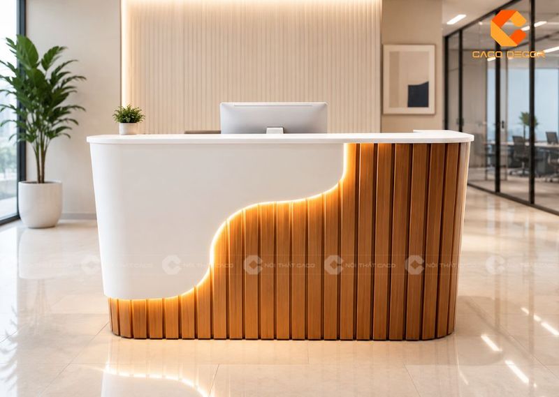 Quầy lễ tân gỗ công nghiệp bo congOp làm LED