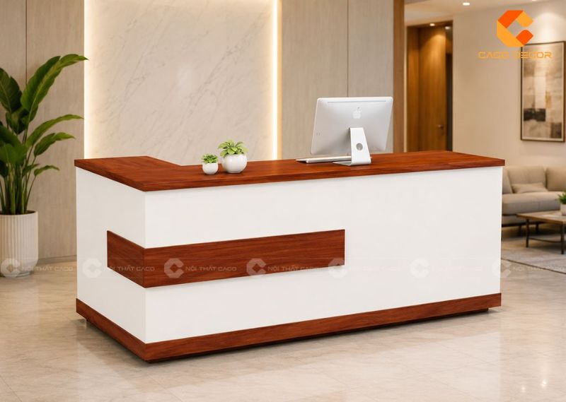 Quầy lễ tân gỗ công nghiệp trang phủ gỗ nâu đỏ