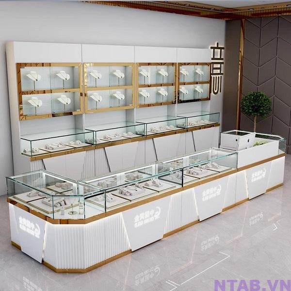 Quầy lễ tân chữ L kết hợp kệ trưng bày